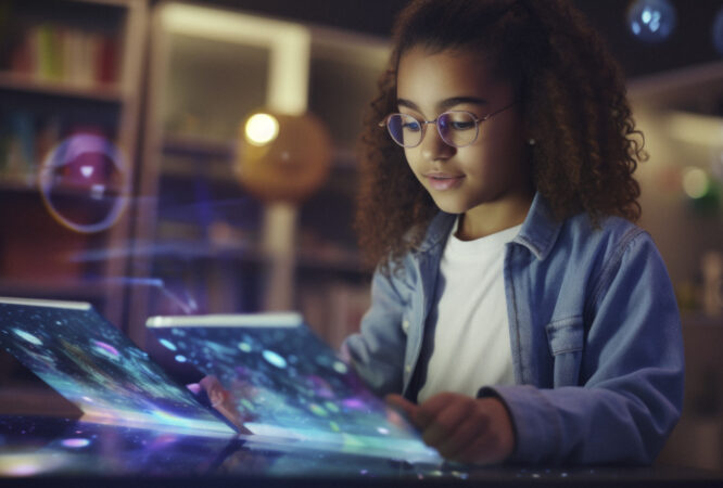 A young biracial girl, one side of her face illuminated by the glow of a holographic tablet displaying educational content, symbolizing the seamless integration of technology into everyday learning experiences. Realistic, cinematic photo, photography, cinematic tones --ar 16:9 --v 5.2 Job ID: f6206335-833b-4883-b292-bd3a06c148da
