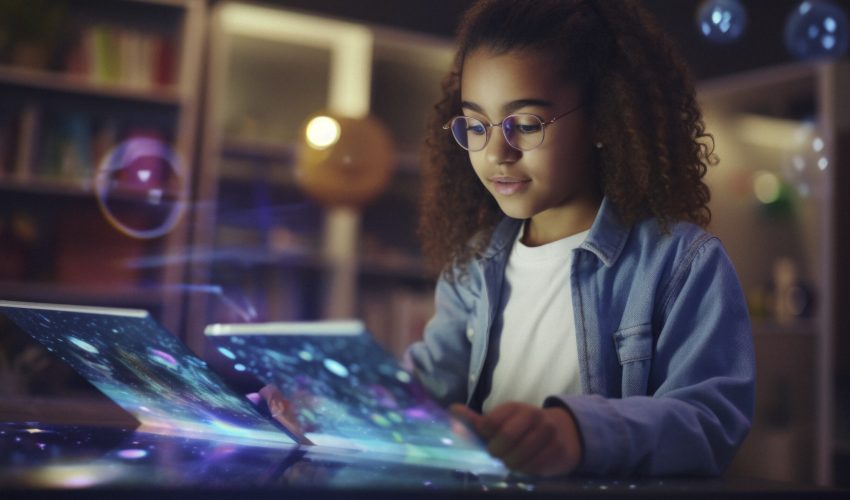 A young biracial girl, one side of her face illuminated by the glow of a holographic tablet displaying educational content, symbolizing the seamless integration of technology into everyday learning experiences. Realistic, cinematic photo, photography, cinematic tones --ar 16:9 --v 5.2 Job ID: f6206335-833b-4883-b292-bd3a06c148da