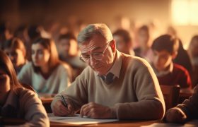 Close-up of old student taking an exam, bokeh effect, classroom with students, fun --ar 16:9 --v 5.2 Job ID: b1af4fc6-d04e-4521-95a0-ee8fb984770a