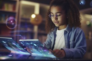 A young biracial girl, one side of her face illuminated by the glow of a holographic tablet displaying educational content, symbolizing the seamless integration of technology into everyday learning experiences. Realistic, cinematic photo, photography, cinematic tones --ar 16:9 --v 5.2 Job ID: f6206335-833b-4883-b292-bd3a06c148da